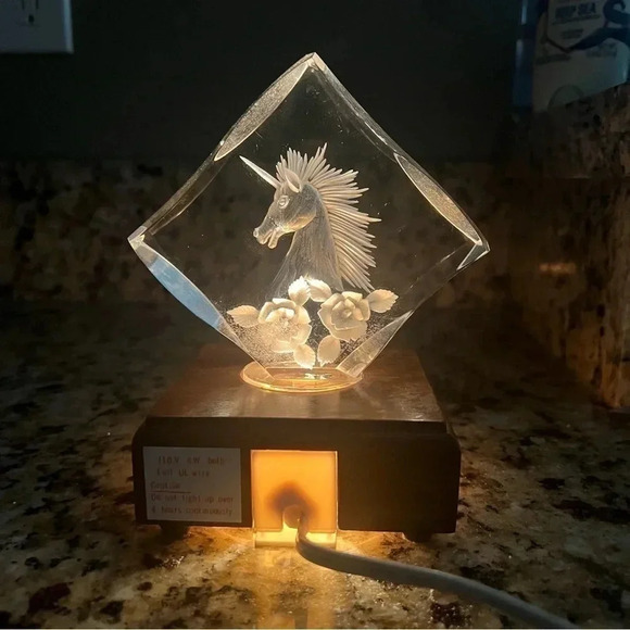 Unicorn Crystal Glass Laser Etched Hologram Lighted Wooden Base Plug In Triangle - Picture 1 of 11